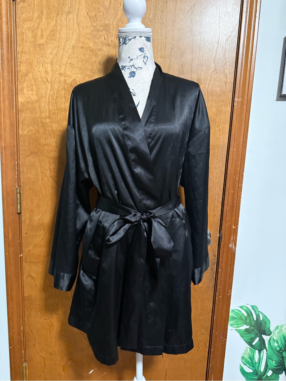 Victoria's Secret Black Satin Wrap Robe with attached satin belt tie